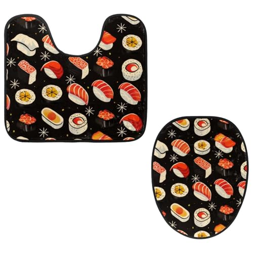 VAPOKF 2-teiliges WC-Vorleger-Set, U-förmige Konturmatte und WC-Deckelbezug, weicher rutschfester Flanell-Badezimmerteppich, WC-Sitzbezug – Lachs-Sushi-Rollen von VAPOKF