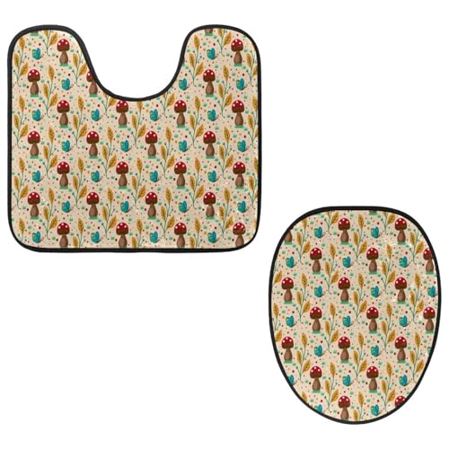 VAPOKF 2-teiliges WC-Vorleger-Set, U-förmige Konturmatte und WC-Deckelbezug, weicher rutschfester Flanell-Badezimmerteppich, WC-Sitzbezug – Natur Pilz-Hintergrund von VAPOKF