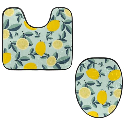VAPOKF 2-teiliges WC-Vorleger-Set, U-förmige Konturmatte und WC-Deckelbezug, weicher rutschfester Flanell-Badezimmerteppich, WC-Sitzbezug – Obst-Zitronen-Pflanzenblätter-Muster von VAPOKF