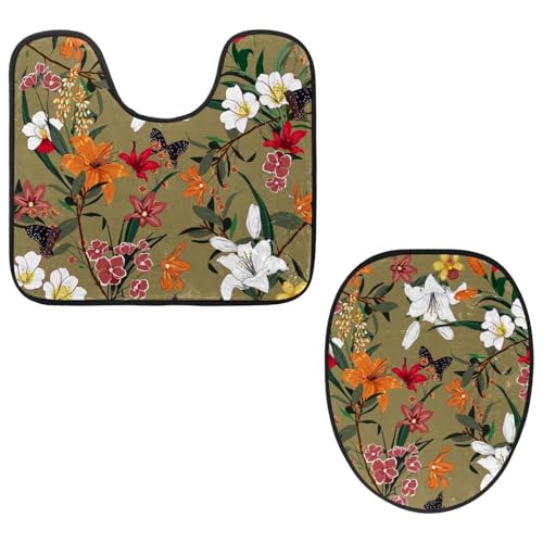 VAPOKF 2-teiliges WC-Vorleger-Set, U-förmige Konturmatte und WC-Deckelbezug, weicher rutschfester Flanell-Badezimmerteppich, WC-Sitzbezug – Orange, Weiß, Rot, Blumen, Schmetterlinge von VAPOKF