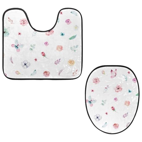 VAPOKF 2-teiliges WC-Vorleger-Set, U-förmige Konturmatte und WC-Deckelbezug, weicher rutschfester Flanell-Badezimmerteppich, WC-Sitzbezug – Rose, Blume, Schmetterling und Federn von VAPOKF