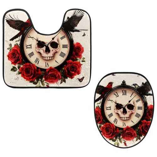VAPOKF 2-teiliges WC-Vorleger-Set, U-förmige Konturmatte und WC-Deckelbezug, weicher rutschfester Flanell-Badezimmerteppich, WC-Sitzbezug – Rote Rose Totenkopf Uhr Vögel VAPOKF 2-teiliges WC-Vorleger-Set, U-förmige Konturmatte und WC-Deckelbezug, weicher rutschfester Flanell-Badezimmerteppich, WC-Sitzbezug – Rote Rose Totenkopf Uhr Vögel von VAPOKF