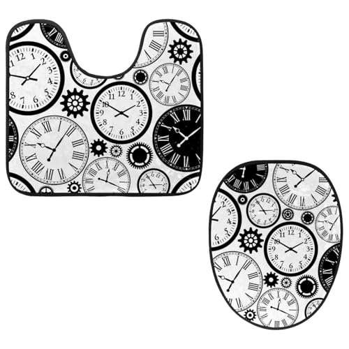 VAPOKF 2-teiliges WC-Vorleger-Set, U-förmige Konturmatte und WC-Deckelbezug, weicher rutschfester Flanell-Badezimmerteppich, WC-Sitzbezug – Schwarz und Weiß Uhren und Zeitschaltuhr von VAPOKF