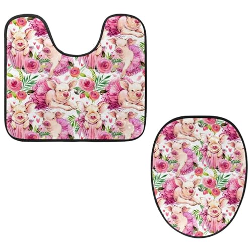 VAPOKF 2-teiliges WC-Vorleger-Set, U-förmige Konturmatte und WC-Deckelbezug, weicher rutschfester Flanell-Badezimmerteppich, WC-Sitzbezug – Schweine in Blumen von VAPOKF