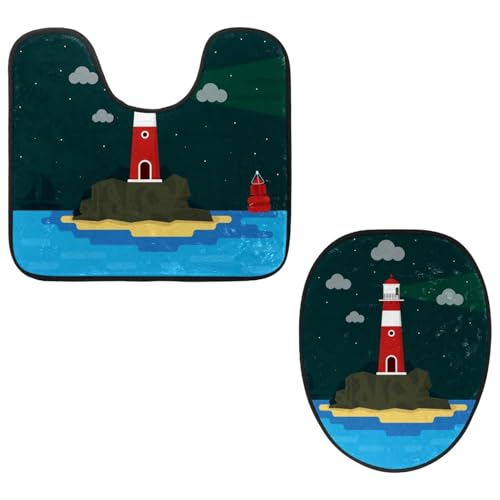 VAPOKF 2-teiliges WC-Vorleger-Set, U-förmige Konturmatte und WC-Deckelbezug, weicher rutschfester Flanell-Badezimmerteppich, WC-Sitzbezug – Strand-Leuchtturm von VAPOKF