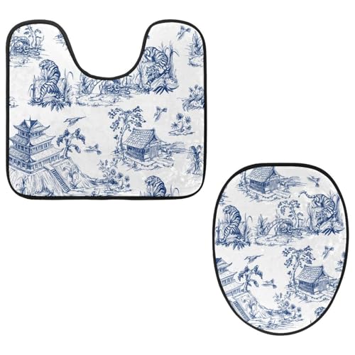 VAPOKF 2-teiliges WC-Vorleger-Set, U-förmige Konturmatte und WC-Deckelbezug, weicher rutschfester Flanell-Badezimmerteppich, WC-Sitzbezug – Tiger und Dorf von VAPOKF