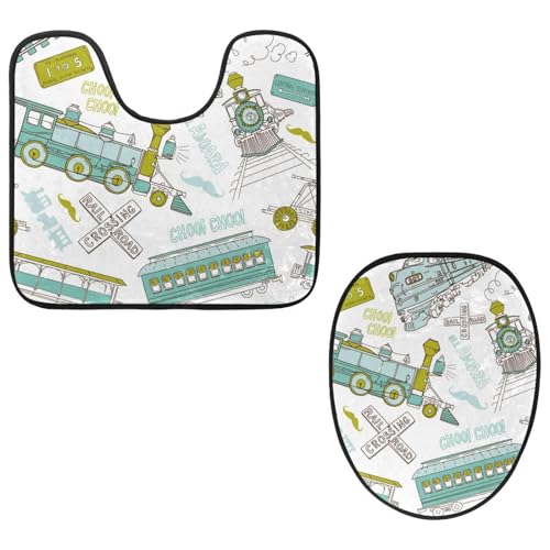 VAPOKF 2-teiliges WC-Vorleger-Set, U-förmige Konturmatte und WC-Deckelbezug, weicher rutschfester Flanell-Badezimmerteppich, WC-Sitzbezug – Vinatge Dampfzug und Eisenbahn von VAPOKF