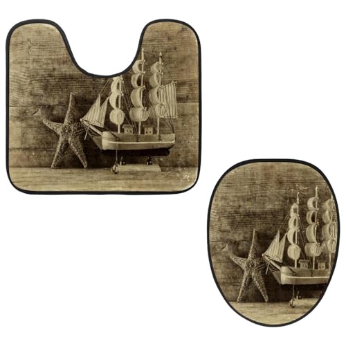 VAPOKF 2-teiliges WC-Vorleger-Set, U-förmige Konturmatte und WC-Deckelbezug, weicher rutschfester Flanell-Badezimmerteppich, WC-Sitzbezug – Vintage-Holz, Segelboot, Seestern VAPOKF 2-teiliges WC-Vorleger-Set, U-förmige Konturmatte und WC-Deckelbezug, weicher rutschfester Flanell-Badezimmerteppich, WC-Sitzbezug – Vintage-Holz, Segelboot, Seestern von VAPOKF