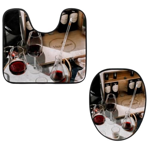 VAPOKF 2-teiliges WC-Vorleger-Set, U-förmige Konturmatte und WC-Deckelbezug, weicher rutschfester Flanell-Badezimmerteppich, WC-Sitzbezug – Weinglas von VAPOKF
