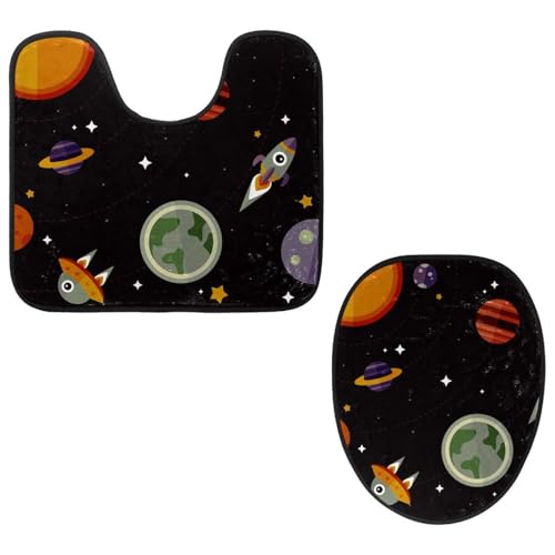 VAPOKF 2-teiliges WC-Vorleger-Set, U-förmige Konturmatte und WC-Deckelbezug, weicher rutschfester Flanell-Badezimmerteppich, WC-Sitzbezug – Weltraum Galaxie Planeten von VAPOKF
