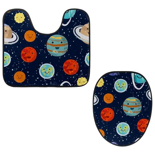 VAPOKF 2-teiliges WC-Vorleger-Set, U-förmige Konturmatte und WC-Deckelbezug, weicher rutschfester Flanell-Badezimmerteppich, WC-Sitzbezug – Weltraumplaneten-Muster, niedlich von VAPOKF