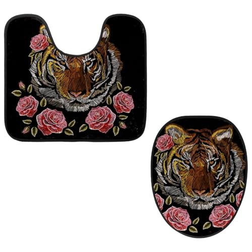 VAPOKF 2-teiliges WC-Vorleger-Set, U-förmige Konturmatte und WC-Deckelbezug, weicher rutschfester Flanell-Badezimmerteppich, WC-Sitzbezug – bestickter Tiger und Blume von VAPOKF