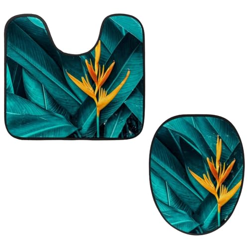 VAPOKF 2-teiliges WC-Vorleger-Set, U-förmige Konturmatte und WC-Deckelbezug, weicher rutschfester Flanell-Badezimmerteppich, WC-Sitzbezug – gelbe Blume in tropischen Blättern von VAPOKF