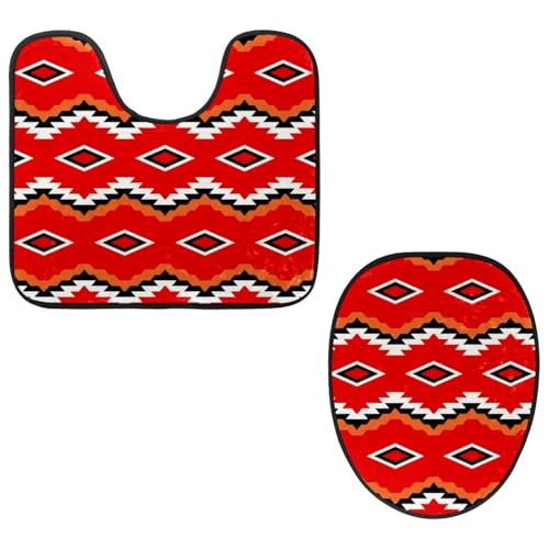VAPOKF 2-teiliges WC-Vorleger-Set, U-förmige Konturmatte und WC-Deckelbezug, weicher rutschfester Flanell-Badezimmerteppich, WC-Sitzbezug – geometrisches Rot von VAPOKF