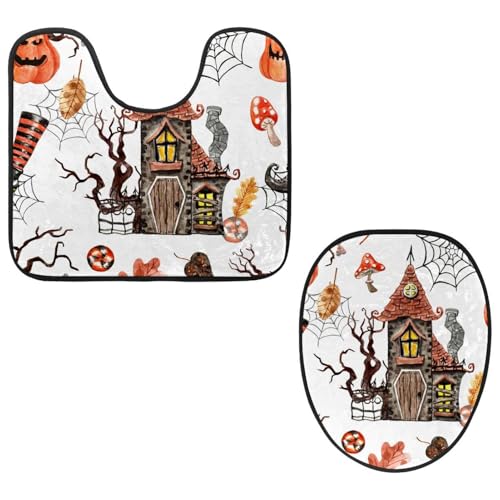 VAPOKF 2-teiliges WC-Vorleger-Set, U-förmige Konturmatte und WC-Deckelbezug, weicher rutschfester Flanell-Badezimmerteppich, WC-Sitzbezug – gruseliges Schloss toter Baum Spinnennetz von VAPOKF