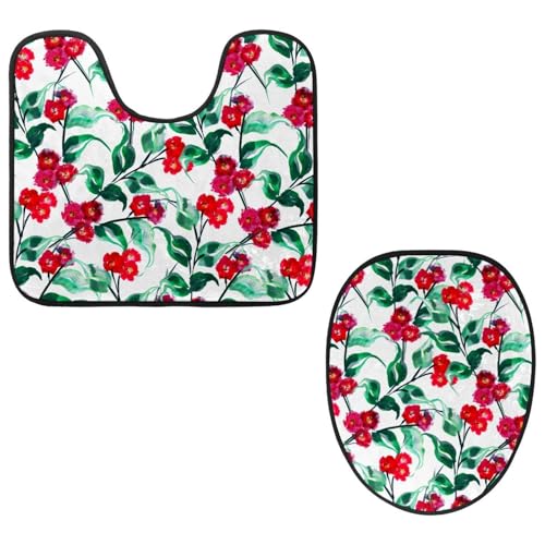 VAPOKF 2-teiliges WC-Vorleger-Set, U-förmige Konturmatte und WC-Deckelbezug, weicher rutschfester Flanell-Badezimmerteppich, WC-Sitzbezug – kleine rote Blumen, grüne Blätter von VAPOKF