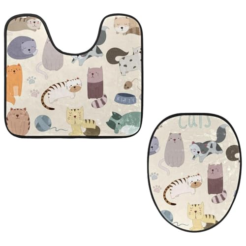 VAPOKF 2-teiliges WC-Vorleger-Set, U-förmige Konturmatte und WC-Deckelbezug, weicher rutschfester Flanell-Badezimmerteppich, WC-Sitzbezug – niedliche Katzen von VAPOKF