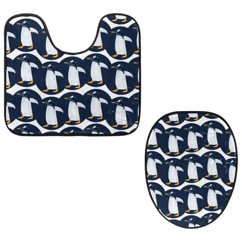 VAPOKF 2-teiliges WC-Vorleger-Set, U-förmige Konturmatte und WC-Deckelbezug, weicher rutschfester Flanell-Badezimmerteppich, WC-Sitzbezug – niedliche Pinguine von VAPOKF