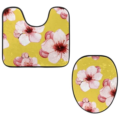 VAPOKF 2-teiliges WC-Vorleger-Set, U-förmige Konturmatte und WC-Deckelbezug, weicher rutschfester Flanell-Badezimmerteppich, WC-Sitzbezug – rosa Kirschblüten-Blume, gelber Hintergrund von VAPOKF