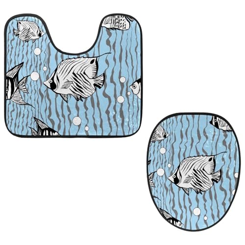 VAPOKF 2-teiliges WC-Vorleger-Set, U-förmige Konturmatte und WC-Deckelbezug, weicher rutschfester Flanell-Badezimmervorleger, WC-Sitzbezug – Fischblasen und graue Linien auf Blau von VAPOKF