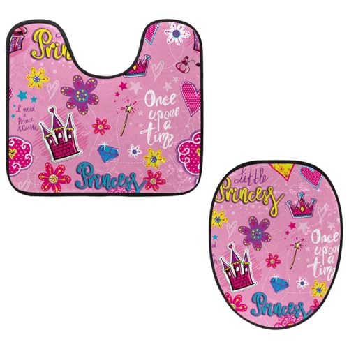 VAPOKF 2-teiliges WC-Vorleger-Set, U-förmige Konturmatte und WC-Deckelbezug, weicher rutschfester Flanell-Badezimmervorleger, WC-Sitzbezug – Mädchen, rosa Schloss, Geschenke, Blumen, Prinzessin von VAPOKF