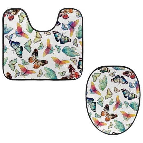 VAPOKF Badezimmerteppich-Set, U-förmige Konturmatte und WC-Deckelbezug, weich, rutschfest, Flanell-Badematte, WC-Sitzbezug – Aquarell-Schmetterlinge, buntes Muster, 2-teilig von VAPOKF