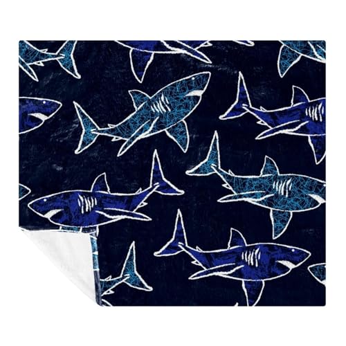 VAPOKF Blaue handgezeichnete Haifisch-Muster weiche gemütliche Überwurfdecke für Erwachsene und Kinder, leichte Mikrofaser-Fleece-Decke für Couch, Bett, Sofa, Reisen, 149,9 x 200,7 cm von VAPOKF