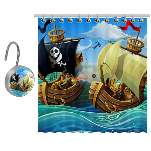 VAPOKF Duschvorhang, Motiv: Piraten, die ein Boot angreifen, Polyester-Duschvorhang-Set mit 12 Edelstahl-Haken für Badezimmer, rustikales Bauernhaus, 182 x 182 cm von VAPOKF