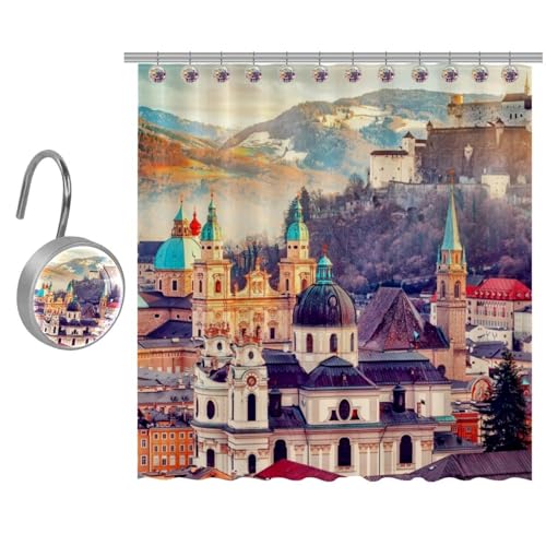 VAPOKF Duschvorhang Stadt in den Alpen von Mozart, Landschaftsdrucke, Polyester, Duschvorhang-Set mit 10 Edelstahl-Haken für Badezimmer, rustikales Bauernhaus, 152 x 182 cm VAPOKF Duschvorhang Stadt in den Alpen von Mozart, Landschaftsdrucke, Polyester, Duschvorhang-Set mit 10 Edelstahl-Haken für Badezimmer, rustikales Bauernhaus, 152 x 182 cm von VAPOKF