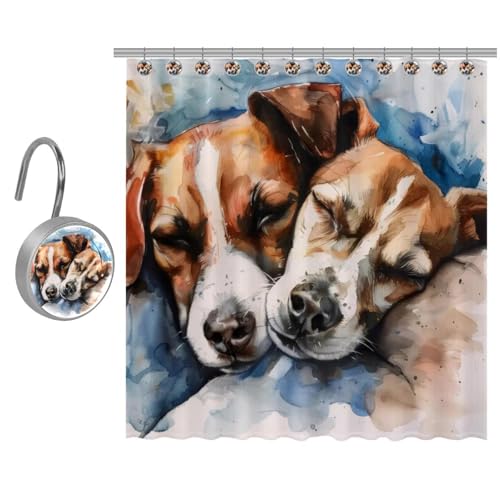 VAPOKF Duschvorhang mit Aquarell-Motiv Jack Russel Drucken, Polyester, Duschvorhang-Set mit 9 Edelstahl-Haken, rustikaler Bauernhaus-Badezimmer-Duschvorhang, 91 x 182 cm von VAPOKF
