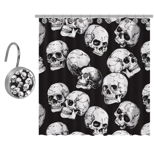 VAPOKF Duschvorhang mit Totenkopf-Muster auf schwarzem Druck, Polyester, Duschvorhang-Set mit 9 Edelstahl-Haken für Badezimmer, rustikales Bauernhaus, 91 x 182 cm VAPOKF Duschvorhang mit Totenkopf-Muster auf schwarzem Druck, Polyester, Duschvorhang-Set mit 9 Edelstahl-Haken für Badezimmer, rustikales Bauernhaus, 91 x 182 cm von VAPOKF