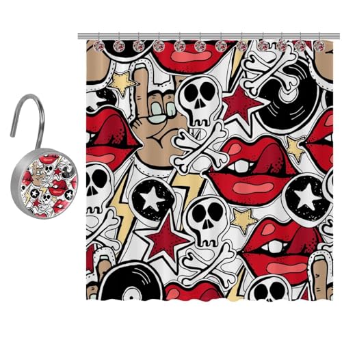 VAPOKF Duschvorhang mit abstraktem Punk, Totenkopf, Rote Lippen, Polyester, Duschvorhang-Set mit 10 Edelstahl-Haken für Badezimmer, rustikales Bauernhaus, 167 x 182 cm VAPOKF Duschvorhang mit abstraktem Punk, Totenkopf, Rote Lippen, Polyester, Duschvorhang-Set mit 10 Edelstahl-Haken für Badezimmer, rustikales Bauernhaus, 167 x 182 cm von VAPOKF