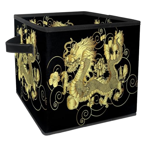 VAPOKF Faltbare Aufbewahrungsbox Stoff Aufbewahrungskorb Würfel Organizer Behälter mit Griffen für Spielzeug Kleidung Bücher Schrank Schlafzimmer Zuhause - Chinesischer goldener Drache mit Blume von VAPOKF
