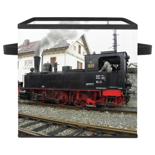 VAPOKF Faltbare Aufbewahrungsbox Stoff Aufbewahrungskorb Würfel Organizer Behälter mit Griffen für Spielzeug Kleidung Bücher Schrank Schlafzimmer Zuhause Retro Zug Eisenbahn von VAPOKF