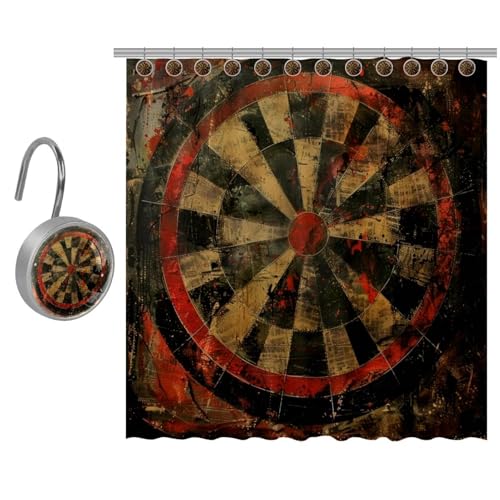 VAPOKF Grunge Duschvorhang mit Dartscheiben-Aufdruck, Polyester, Duschvorhang-Set mit 12 Edelstahl-Haken für Badezimmer, rustikales Bauernhaus, 182 x 182 cm von VAPOKF