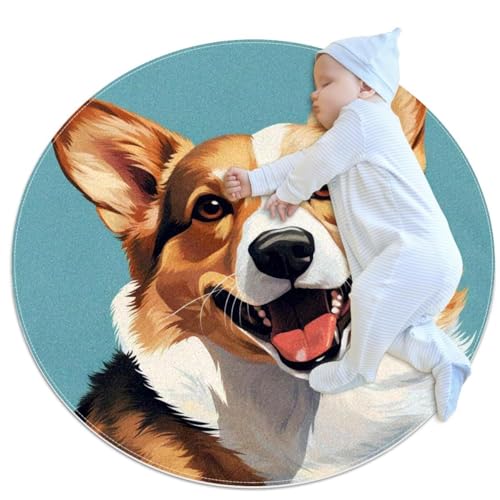 VAPOKF Kleine Teppiche, Badezimmerteppich, Corgi-Hund, Pfauenfeder, rutschfester Überwurfteppich, Fußmatte, für Sofa, Schlafzimmer, Kinderzimmer, Dekoration, rund, 1 m Durchmesser von VAPOKF