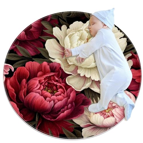 VAPOKF Kleine Teppiche, Badezimmerteppich, Pfingstrosen, Blumen, rutschfest, für Sofa, Schlafzimmer, Kinderzimmer, Dekoration, rund, 1 m Durchmesser von VAPOKF