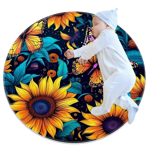 VAPOKF Kleine Teppiche, Badezimmerteppich, Sternenhimmel, Sonnenblume, Schmetterling, rutschfest, Teppich, Fußmatte, für Sofa, Schlafzimmer, Kinderzimmer, Dekoration, rund, 1 m Durchmesser von VAPOKF