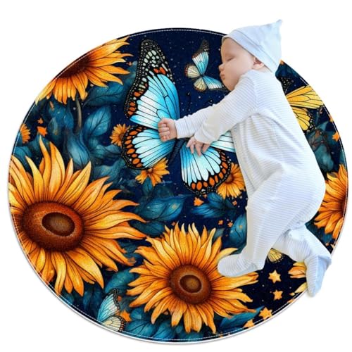 VAPOKF Kleine Teppiche, Badezimmerteppich, Sternenhimmel, Sonnenblume, Schmetterling, rutschfest, für Sofa, Schlafzimmer, Kinderzimmer, Dekoration, rund, 80 cm Durchmesser von VAPOKF