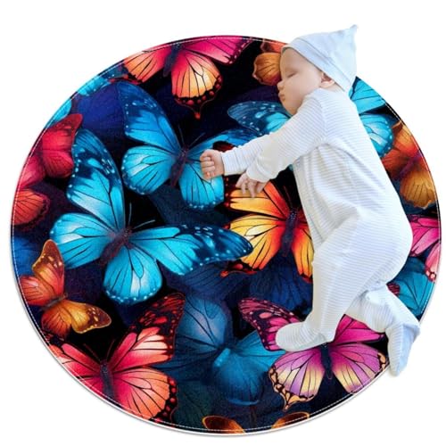 VAPOKF Kleine Teppiche, Badezimmerteppich, bunt, fliegender Schmetterling, rutschfest, für Sofa, Schlafzimmer, Kinderzimmer, Dekoration, rund, 1 m Durchmesser von VAPOKF