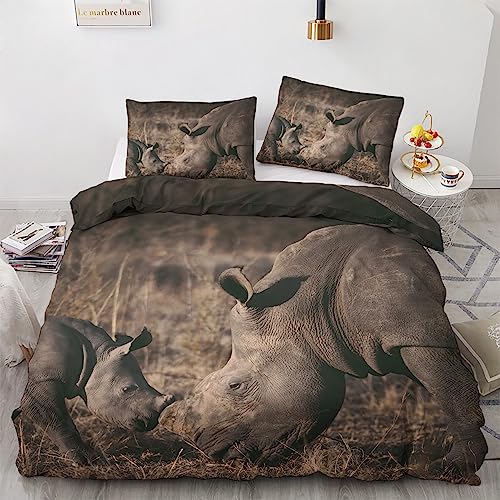 VARAGO Nashorn Bettwäsche 135x200-3D-Tiere Bettbezug 2er Set mit 1 Kissenbezug 80x80 cm, Weich & Warme & Angenehm Mikrofaser Bettwäsche-Sets mit Reißverschluss von VARAGO