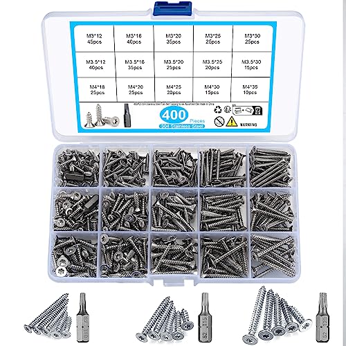 400 Stk Selbstschneidendes Schrauben-Sortiment-Set, Edelstahl-Senkkopf-Torx-Selbstbohrschrauben-Set, Holz-Trockenbauschrauben mit Bohrer-M3/M3,5/M4, 12/16/20/25/30/35mm (Silber) von VARHHUXHA