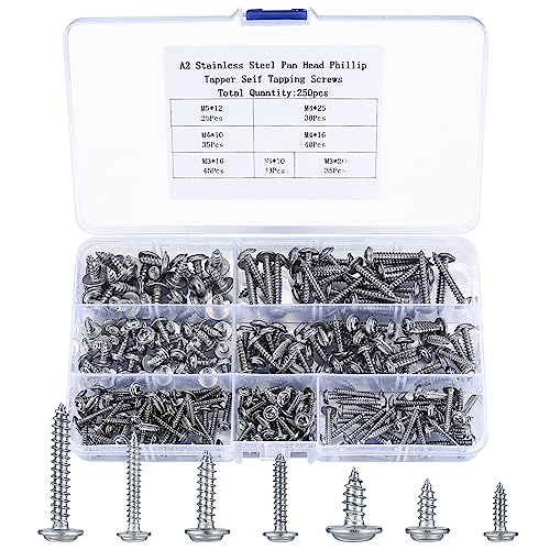 Selbstschneidendes Schrauben Set, 250 Stk Holzschrauben, Kreuzkopfschrauben, selbstbohrende Schrauben, Rundkopfschrauben, Blechschrauben Edelstahl - M3/M4/M5 von VARHHUXHA