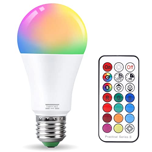 VARICART 10W Edison E27 Farbwechsel Glühbirne RGB LED Lampe, Dimmbar LED Glühbirne mit Fernbedienung, 12 Farbig + Warmweiß 3000K, Dualer Speicher, 100W Gleichw. für Home Dekoration (1-er Pack) von VARICART