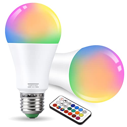 VARICART 10W Edison E27 Farbwechsel Glühbirne RGB LED Lampe, Dimmbar LED Glühbirne mit Fernbedienung, 12 Farbig + Warmweiß 3000K, Dualer Speicher, 100W Gleichw. für Home Dekoration (2-er Pack) von VARICART