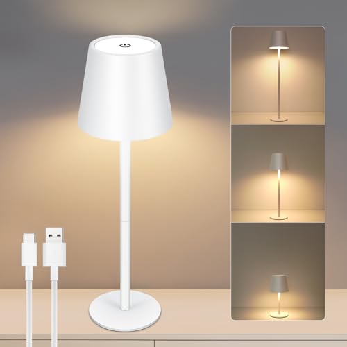 VARICART LED Tischlampe Kabellos mit Touch, USB-C Dimmbare Tischleuchte Akku LED mit 3 Farbtemperatur, Höhenverstellbar, IP54 wasserdicht für Restaurant, Schlafzimmer, Bar, im Freien(Weiß) von VARICART