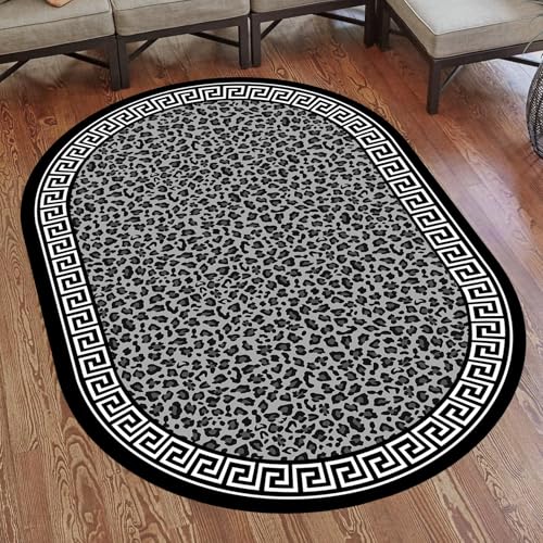 VARIKASHOM Designer Oval Teppiche großen Wohnzimmern Schlafzimmern Arbeitszimmer Balkonen,Modernes Leopardenmuster mit geometrischen Bordüren, Schwarz, 140 x 180 cm von VARIKASHOM