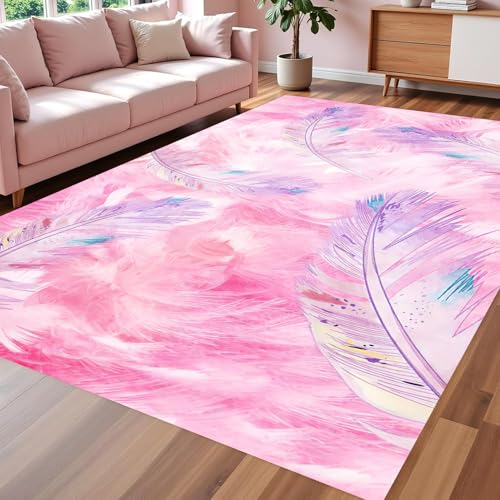 VARIKASHOM Designer Teppiche großen Wohnzimmern Schlafzimmern Arbeitszimmer Balkonen,Wohnheim Mädchen Jugendzimmer Dekor Ästhetisches mehrfarbiges Federmuster Modern, Fuchsia, 140 x 180 cm von VARIKASHOM