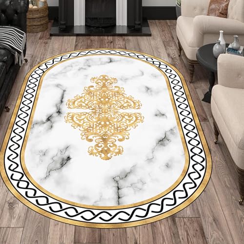 VARIKASHOM Oval Teppich Großer Wohnzimmer Schlafzimmer, Waschbarer Wohnzimmerteppich,Schwarz-Gelb Modernes Bordüren-Design, Weiß, 200 x 300 cm von VARIKASHOM