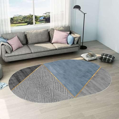 VARIKASHOM Oval Teppich Wohnzimmer Schlafzimmer,Waschbar Anti-Rutsch, Outdoor Teppiche,Schwarz Grau Weiß Gelb Geometrisch Modern,Blau,160 x 180 cm von VARIKASHOM
